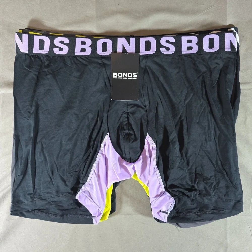 Bonds Underwear Anti-Chafing Boxer XXL 3 Pack Black & White/Purple Grey & Yellow